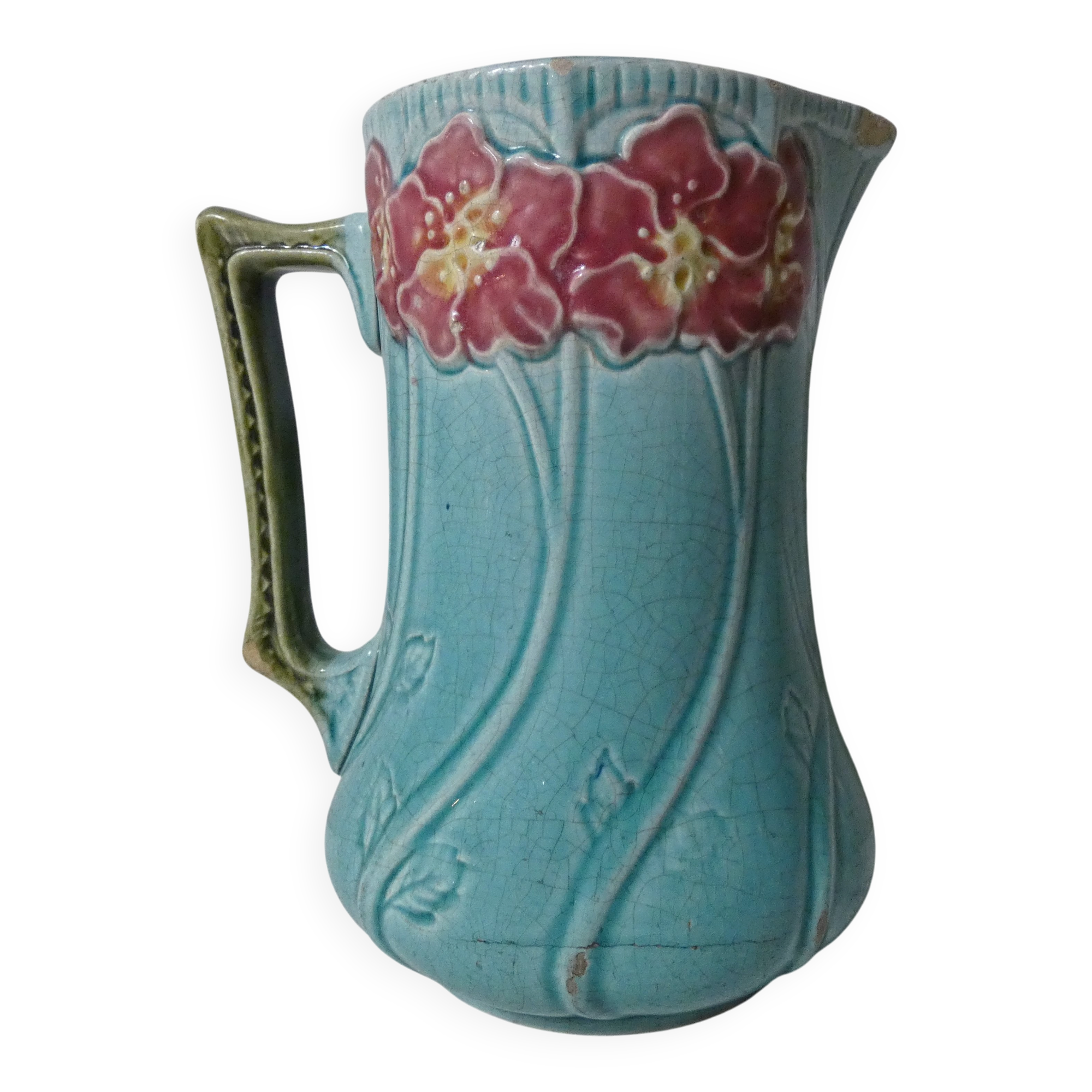 Antique Art Deco turquoise flowered slipware jug vase