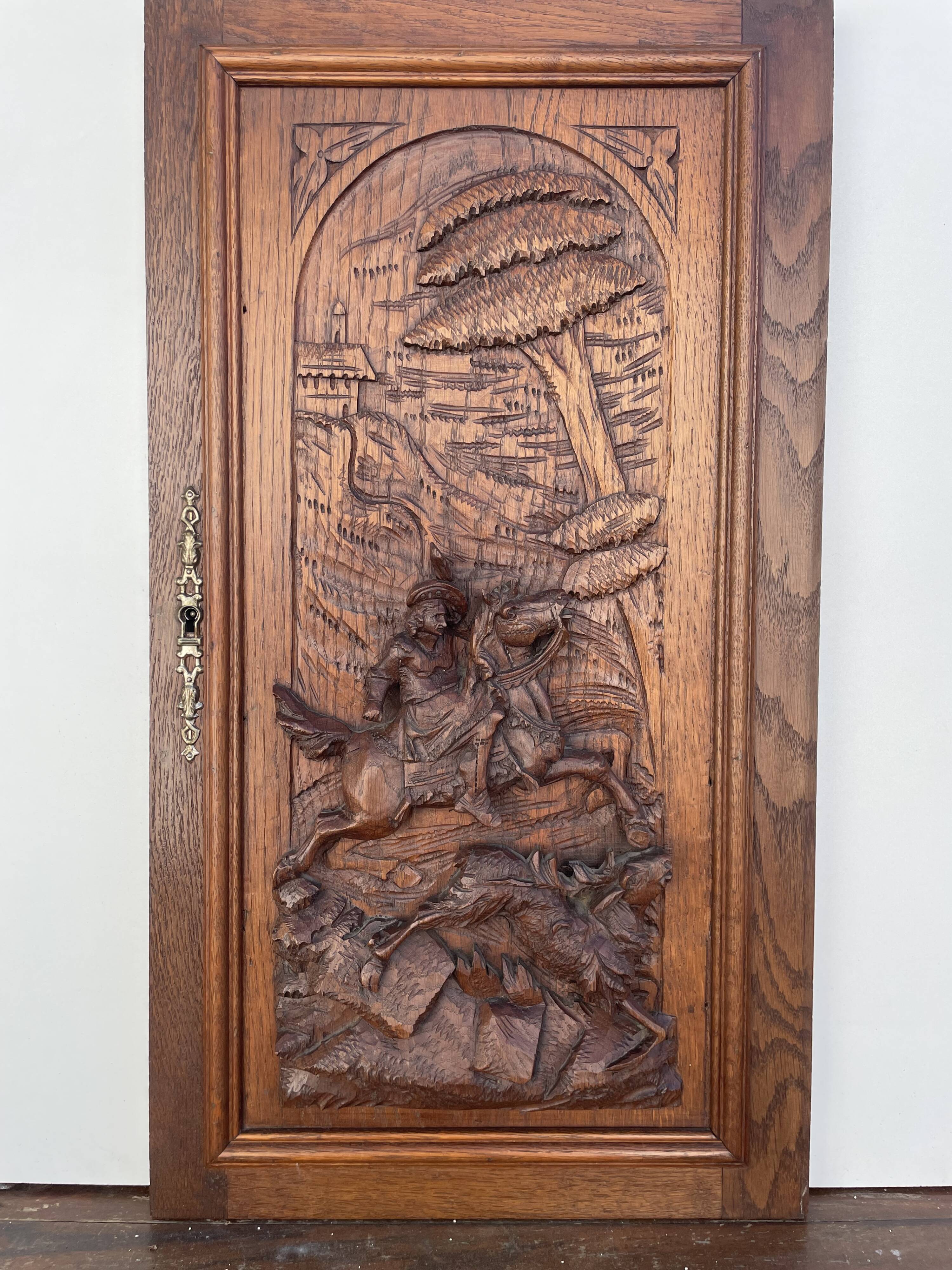 Old carved wooden door panel bas relief hunting scene (oak)