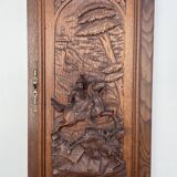 Ancien panneau porte bois sculpté bas relief scène de chasse (chêne)