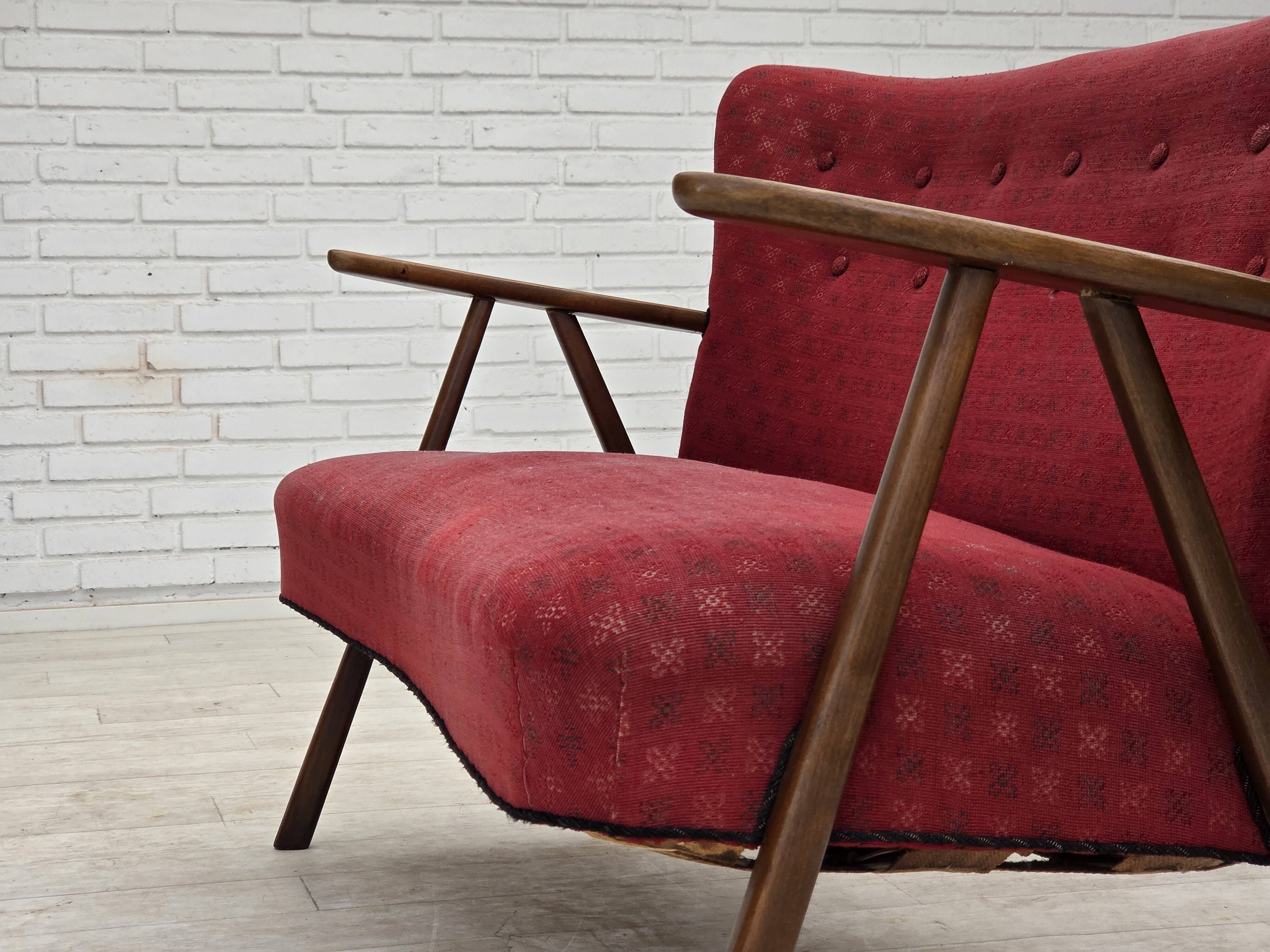 1960s, Danish 2-seater sofa, red furniture fabric, beech wood.
