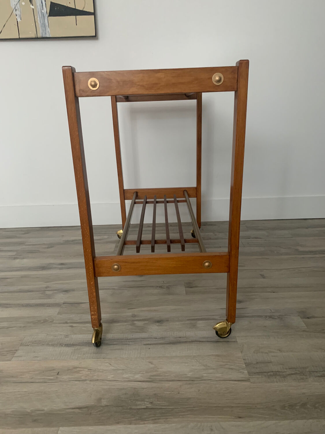 Danish trolley on wheels, teak, brass and glass