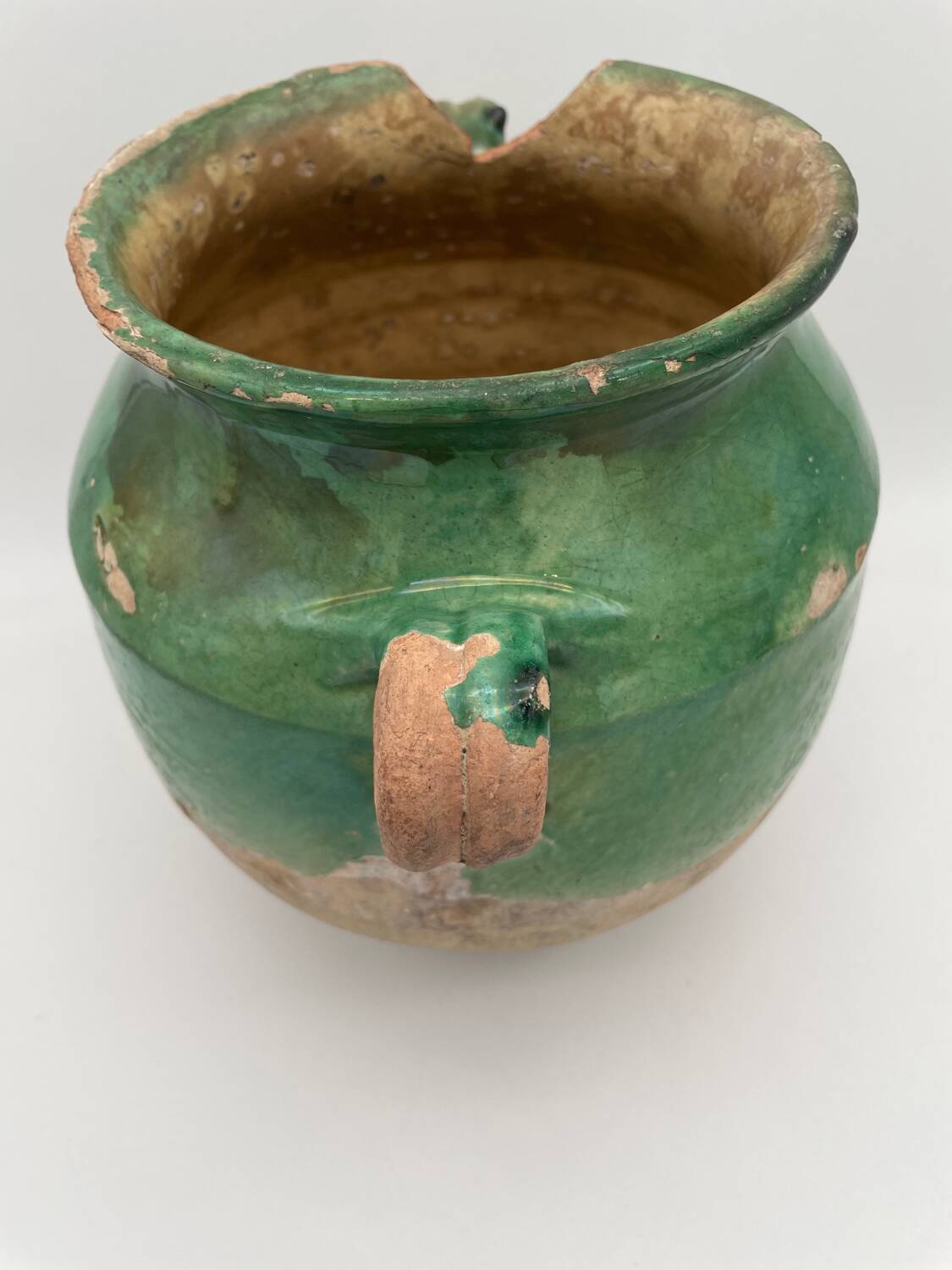 Old green glazed earthenware jam pot France 19th century