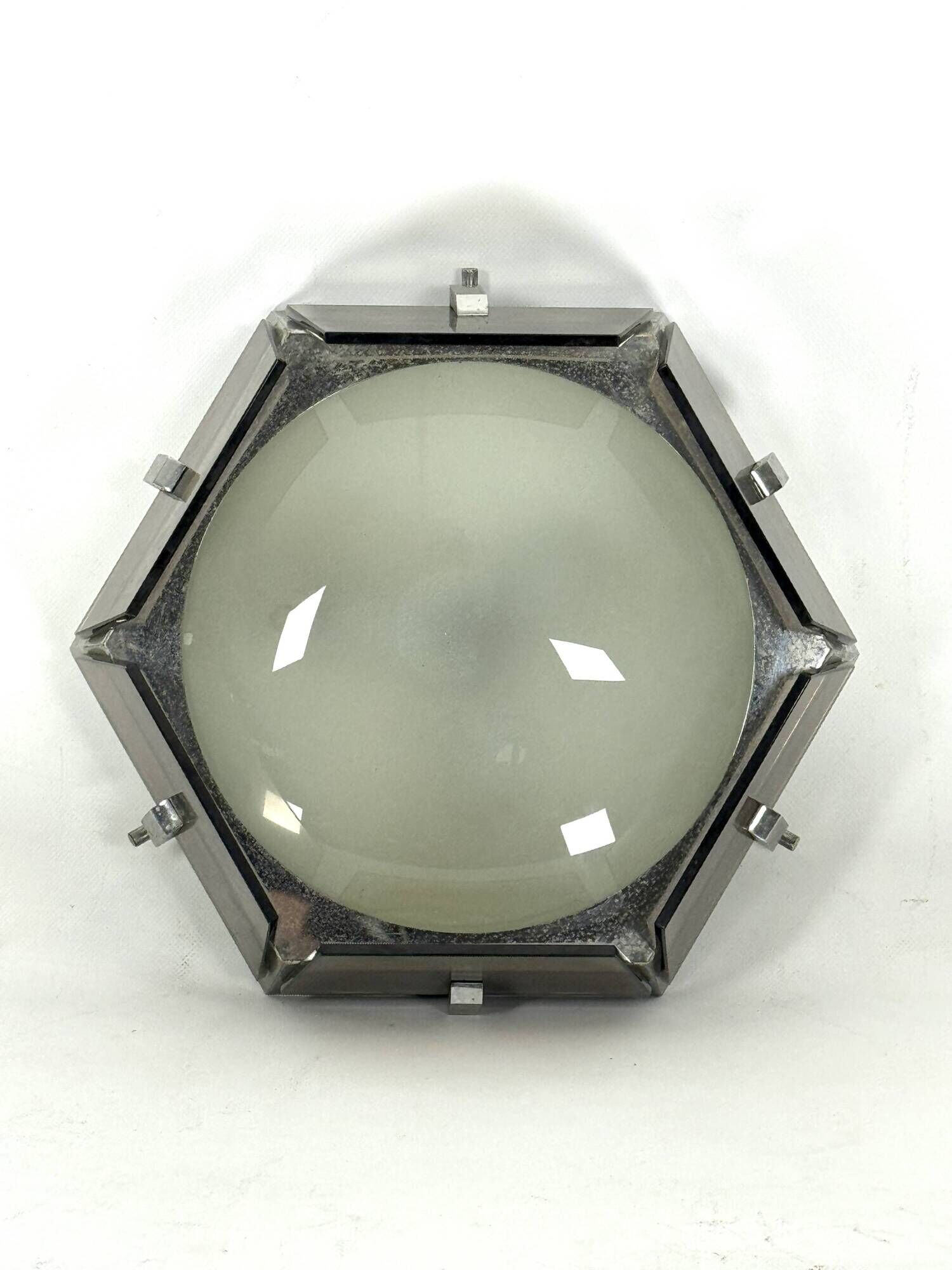 Veca, large exagonal ceiling lamp in glass and chrome. Italy 1970s