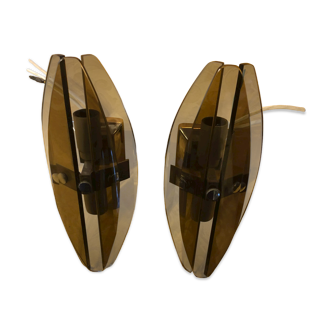 Pair of vintage sconces, elliptical shapes - smoked glass and chromed metal