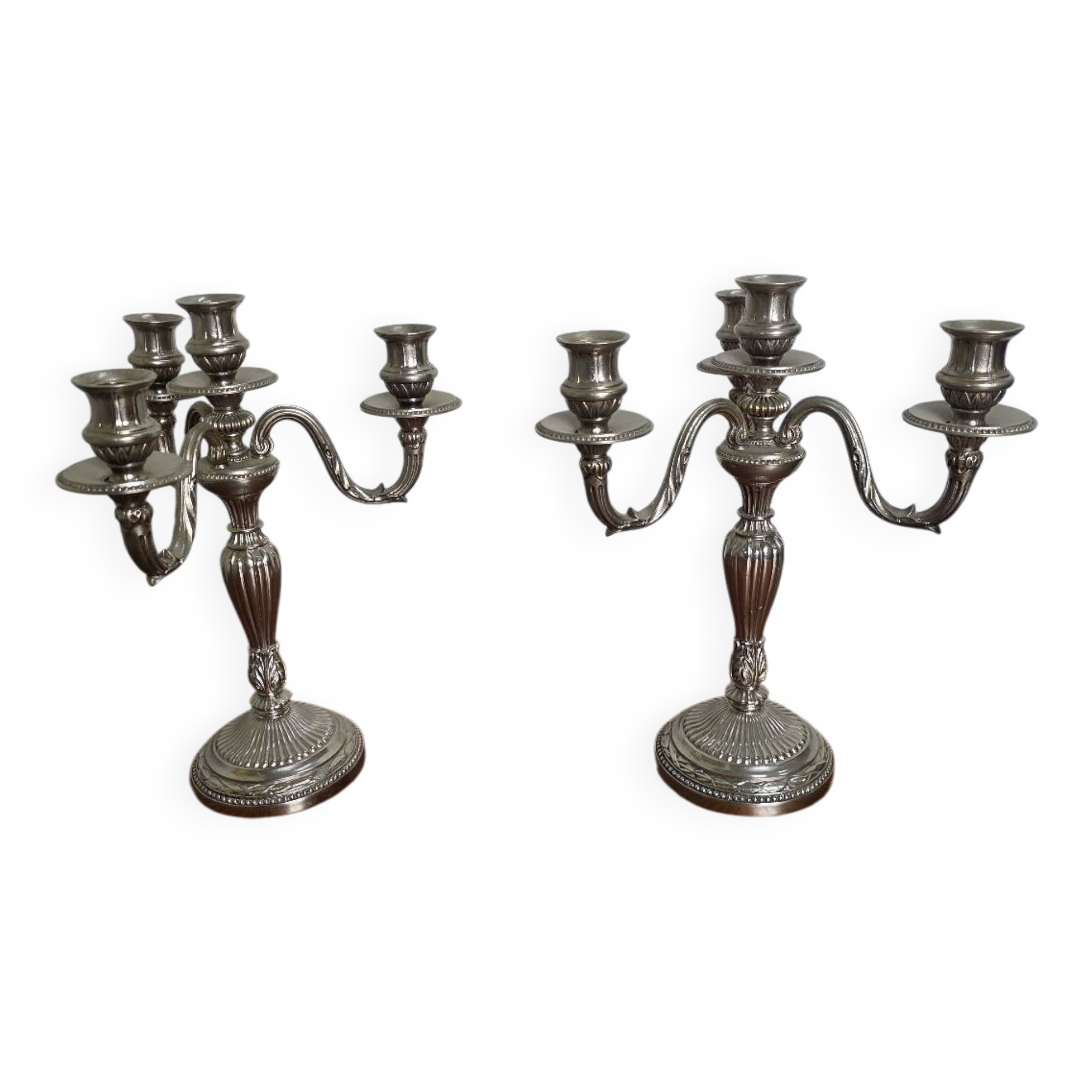 Pair of Louis XVI style candlesticks in silver-plated bronze