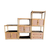 Bookcase, cannage in 3 modules and smoked glass trays - 70s