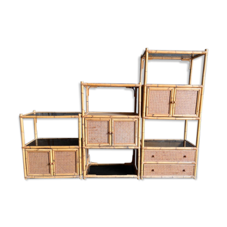 Bookcase, cannage in 3 modules and smoked glass trays - 70s