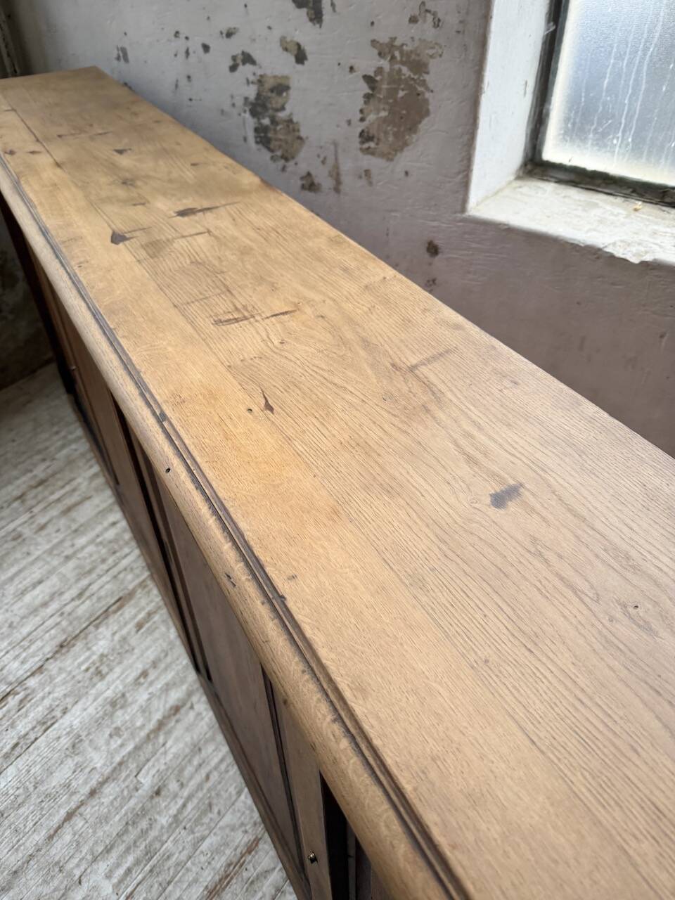 XL oak workshop sideboard with sliding doors from 1900