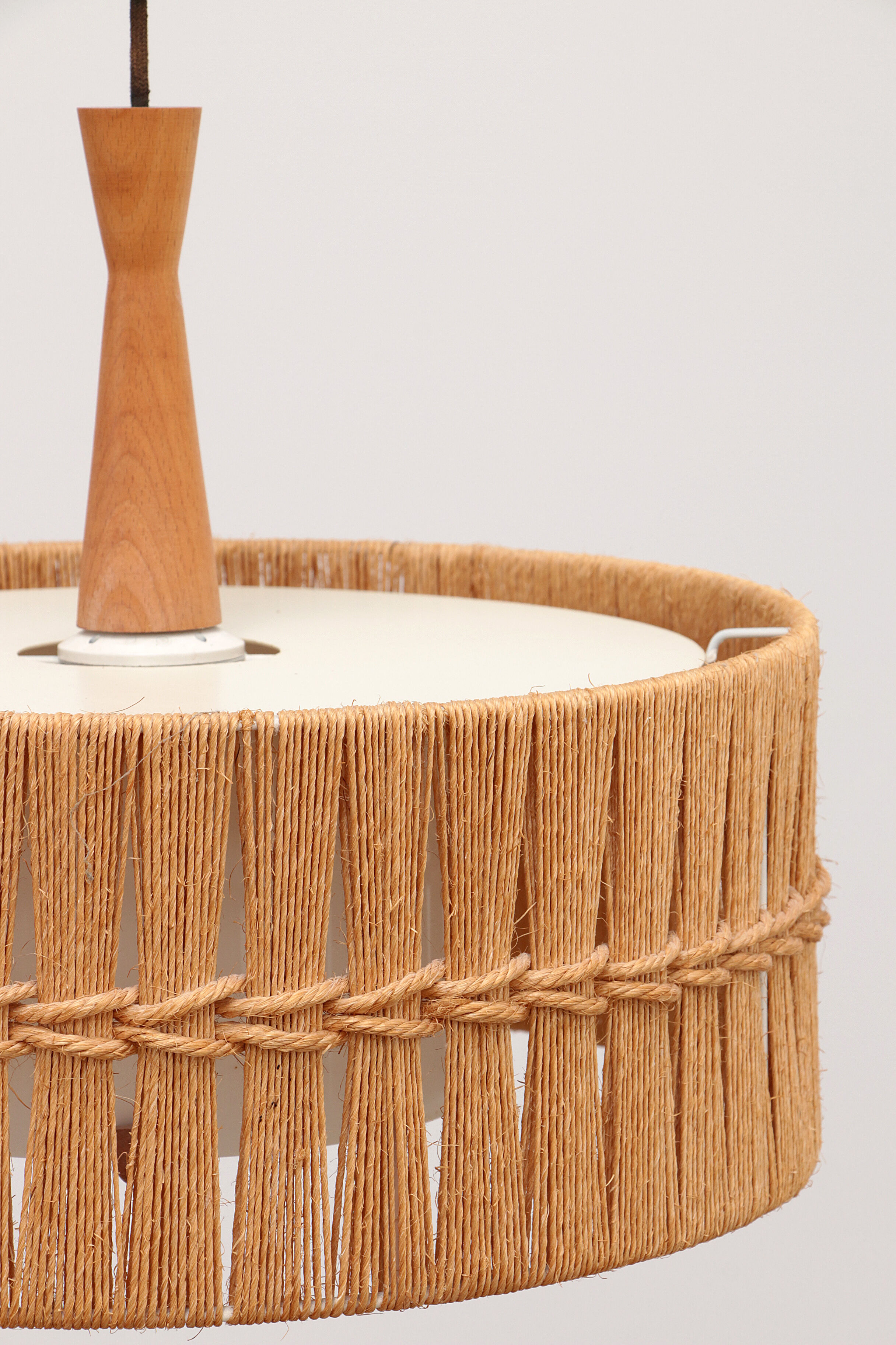 Vintage Temde Hanging Lamp with Teak and Raffia 1960s Germany.