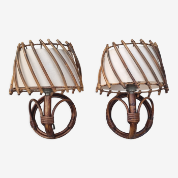 Pair of rattan bamboo sconces,  vintage, 60s