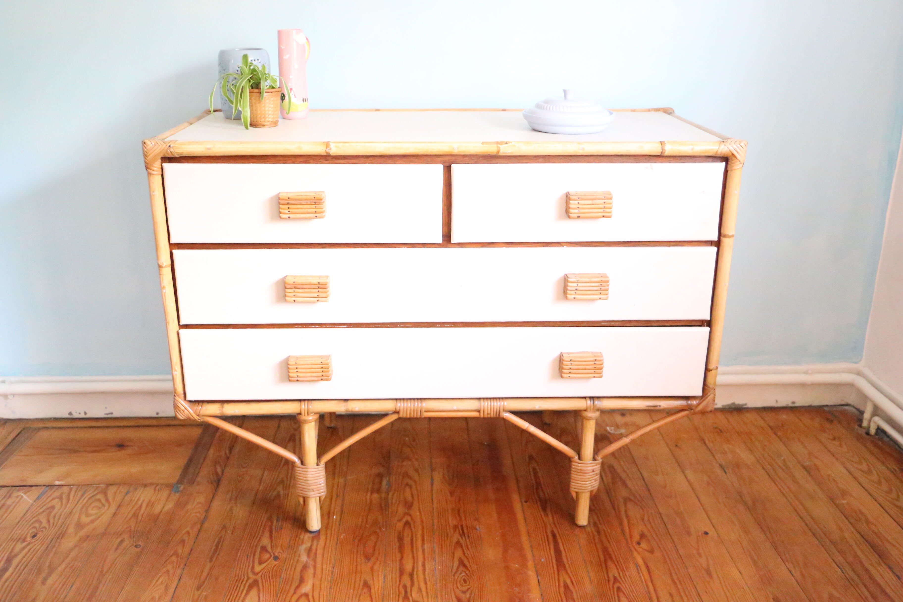 Rattan dresser, natural and white color, 1970s