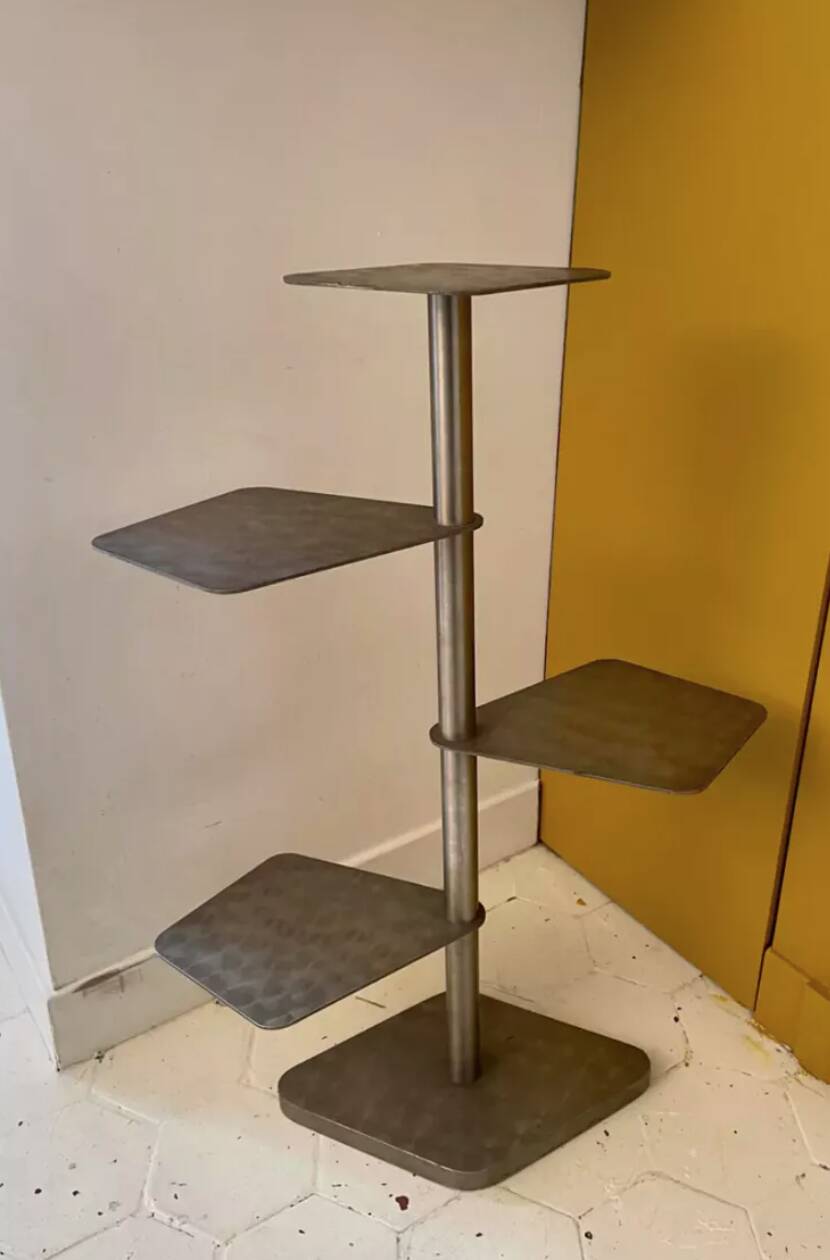 Vintage modernist side table, brushed chrome metal, France 1970