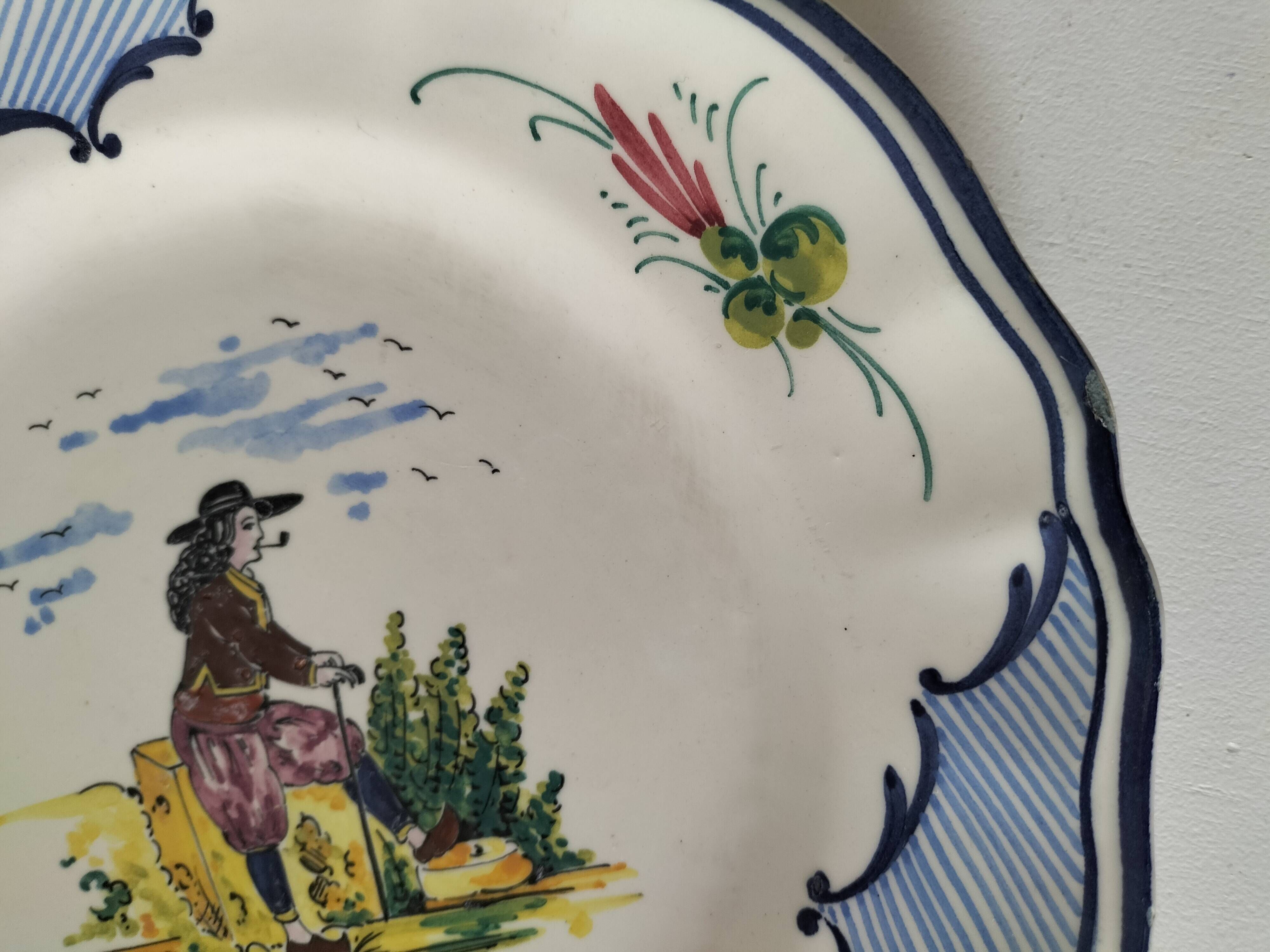 Vintage Breton earthenware plate – naive decor signed MF – Brittany