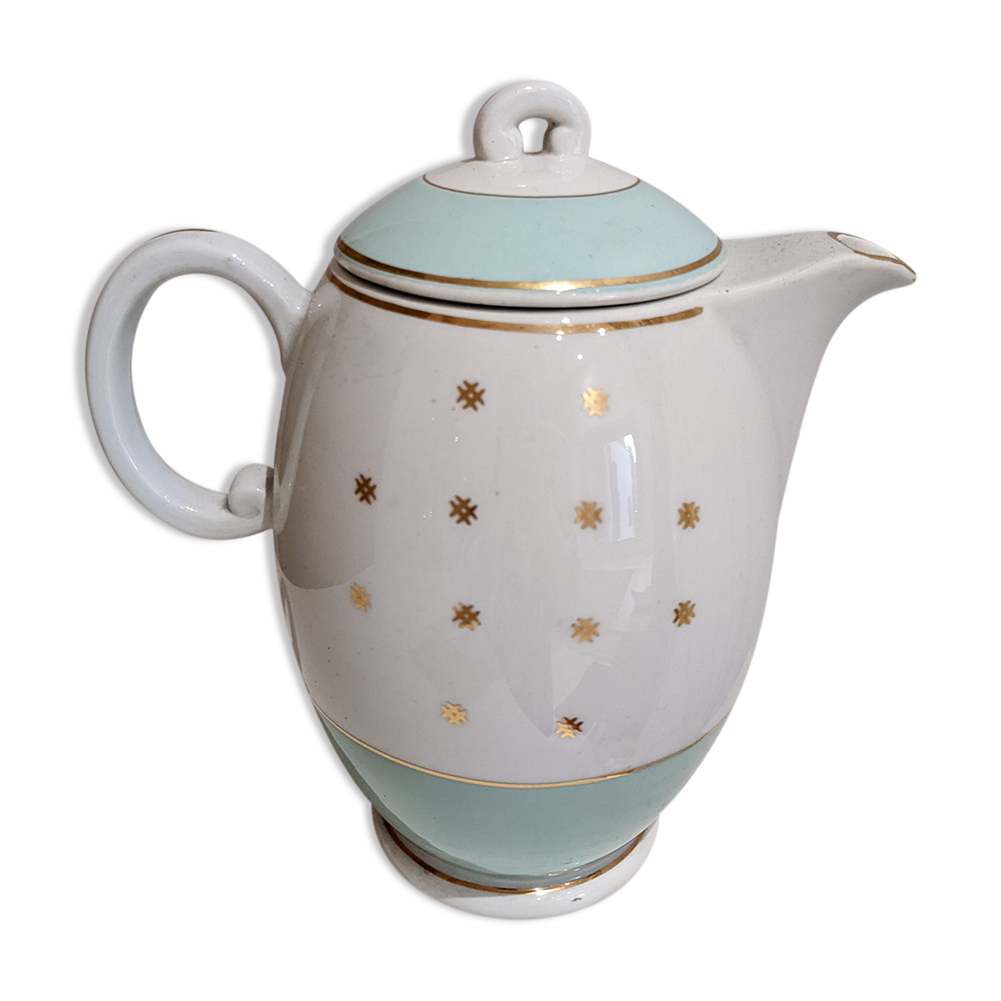 Porcelain teapot vintage iron earth Lunéville green golden water