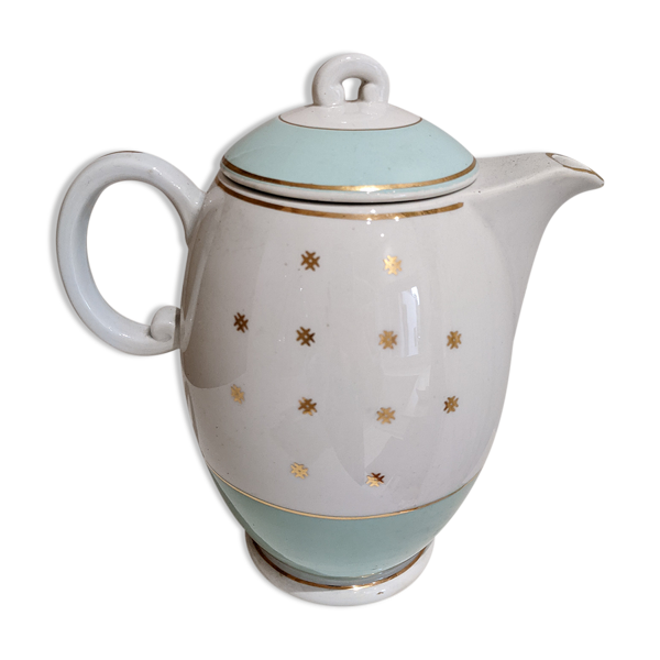 Théière porcelaine terre de fer vintage Lunéville vert d'eau doré