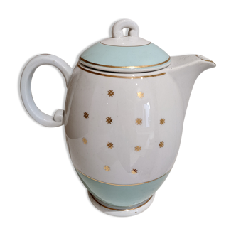 Théière porcelaine terre de fer vintage Lunéville vert d'eau doré