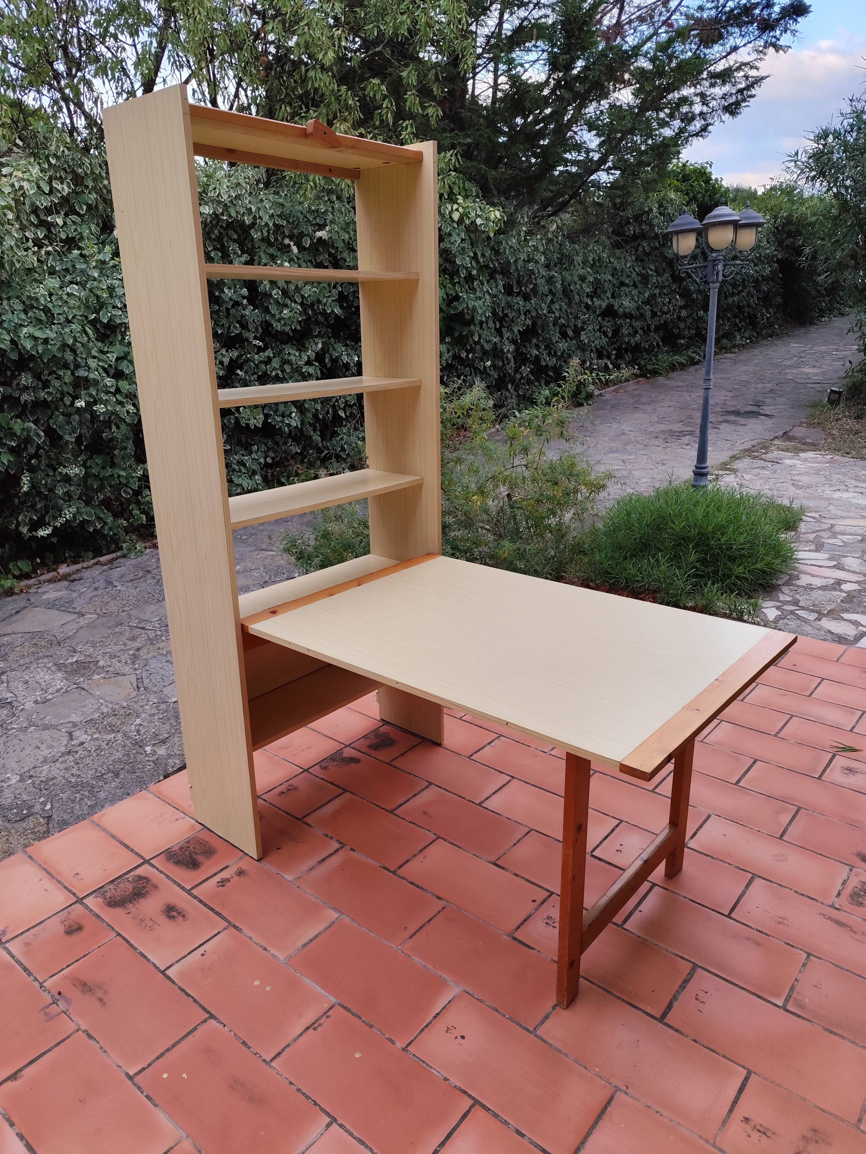 Vintage Pine Freestanding Retractable Bookcase Desk Table