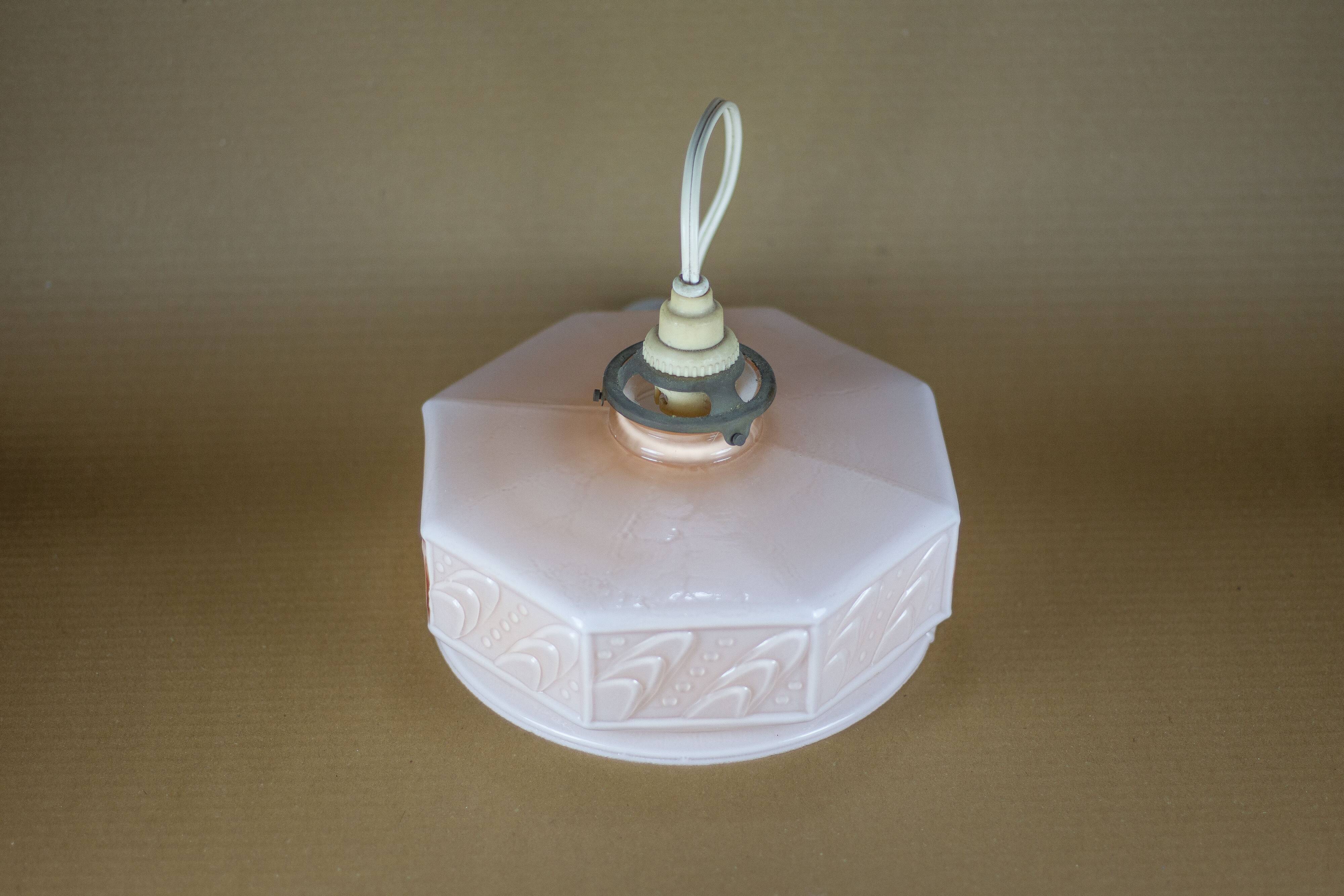 Art deco pink opaline pendant light, opaline glass globe, opaline lampshade, ceiling lamp