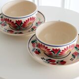 Lot de 2 tasses + soucoupes HB Quimper décor floral F436 – Peintes main
