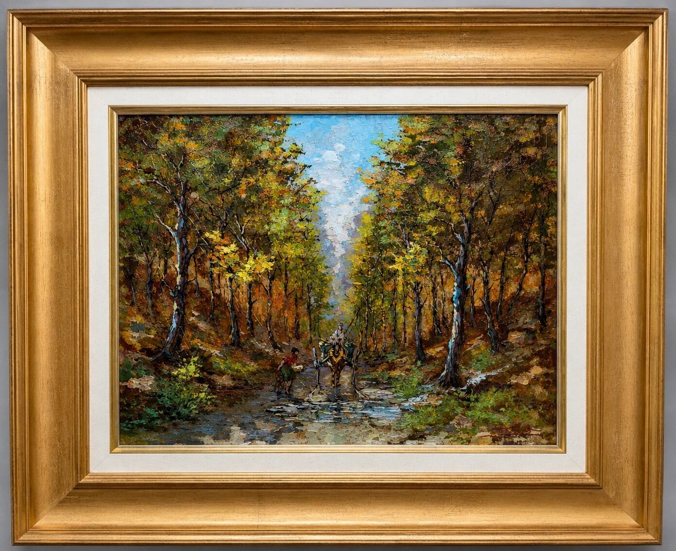 B Franco: Oil on panel depicting a lively forest landscape.