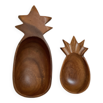 Pair of wooden pineapple trinket trays