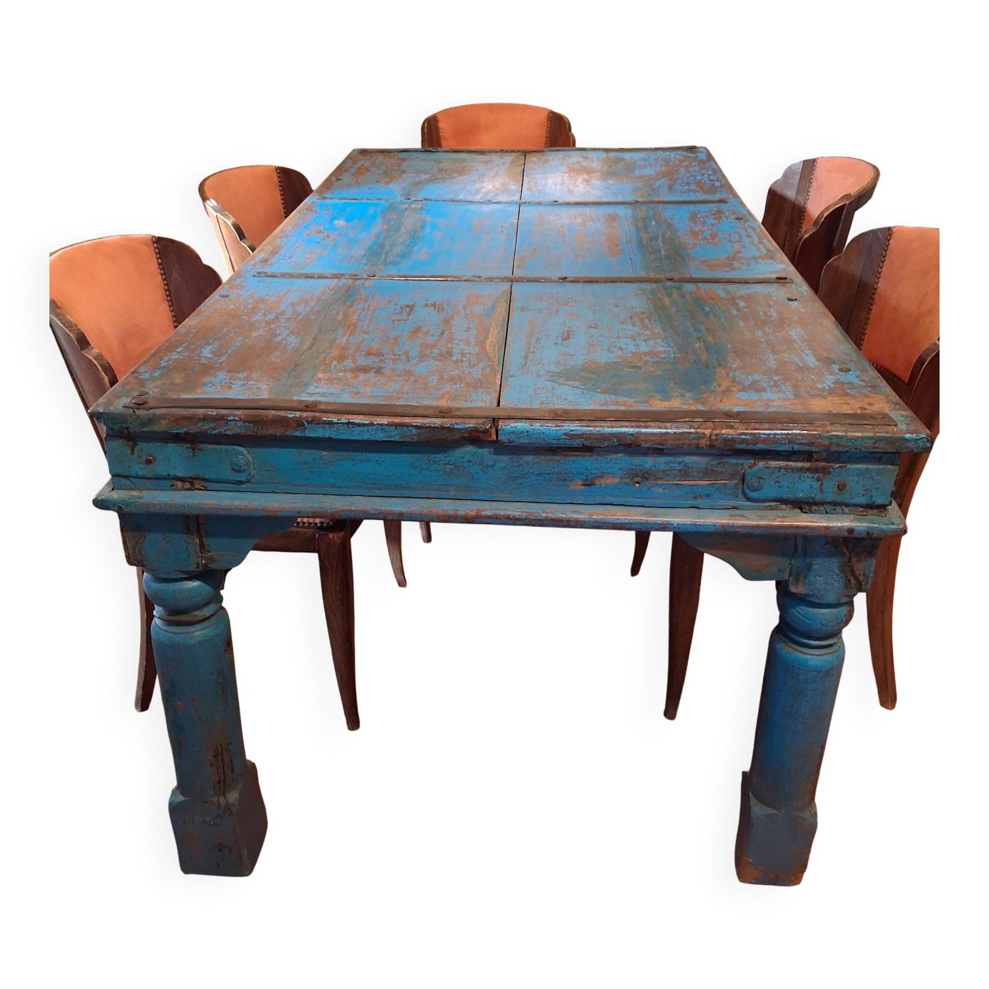 Large antique Indian dining table made of teak wood with patina.