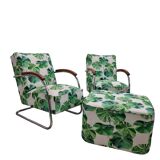 Pair of Bauhaus cantilever armchairs with footstool, tubular frame, Mücke-Melder, 1930s Czech