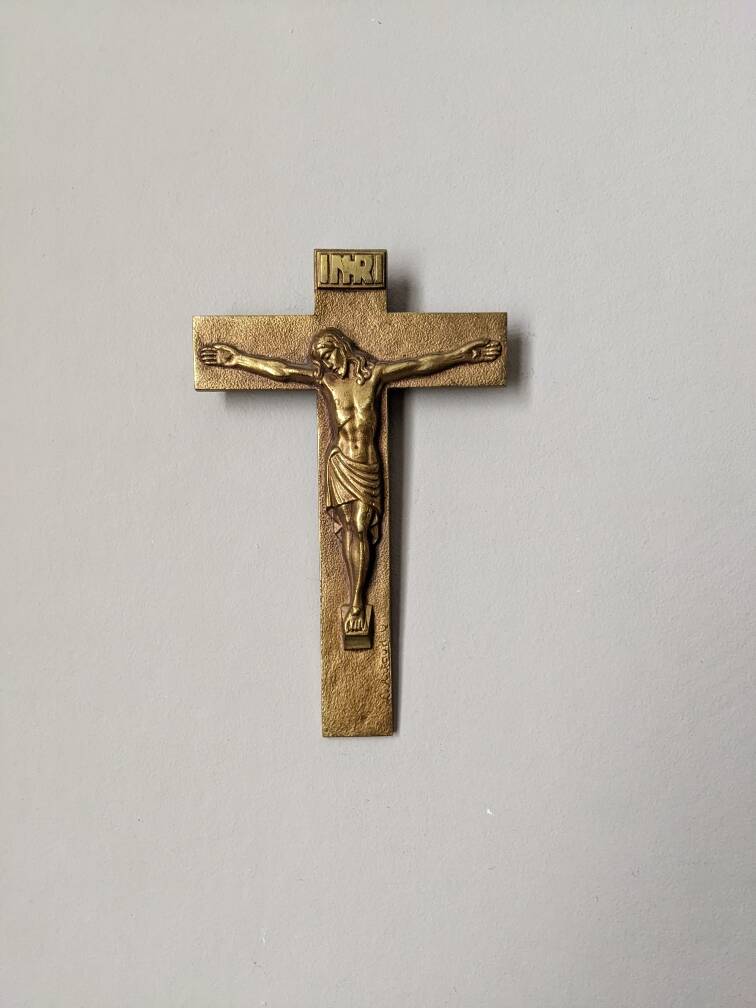 INRI gilded bronze wall crucifix, ancient religious object
