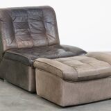 Gray leather design element/ armchair from the 70s + footstool