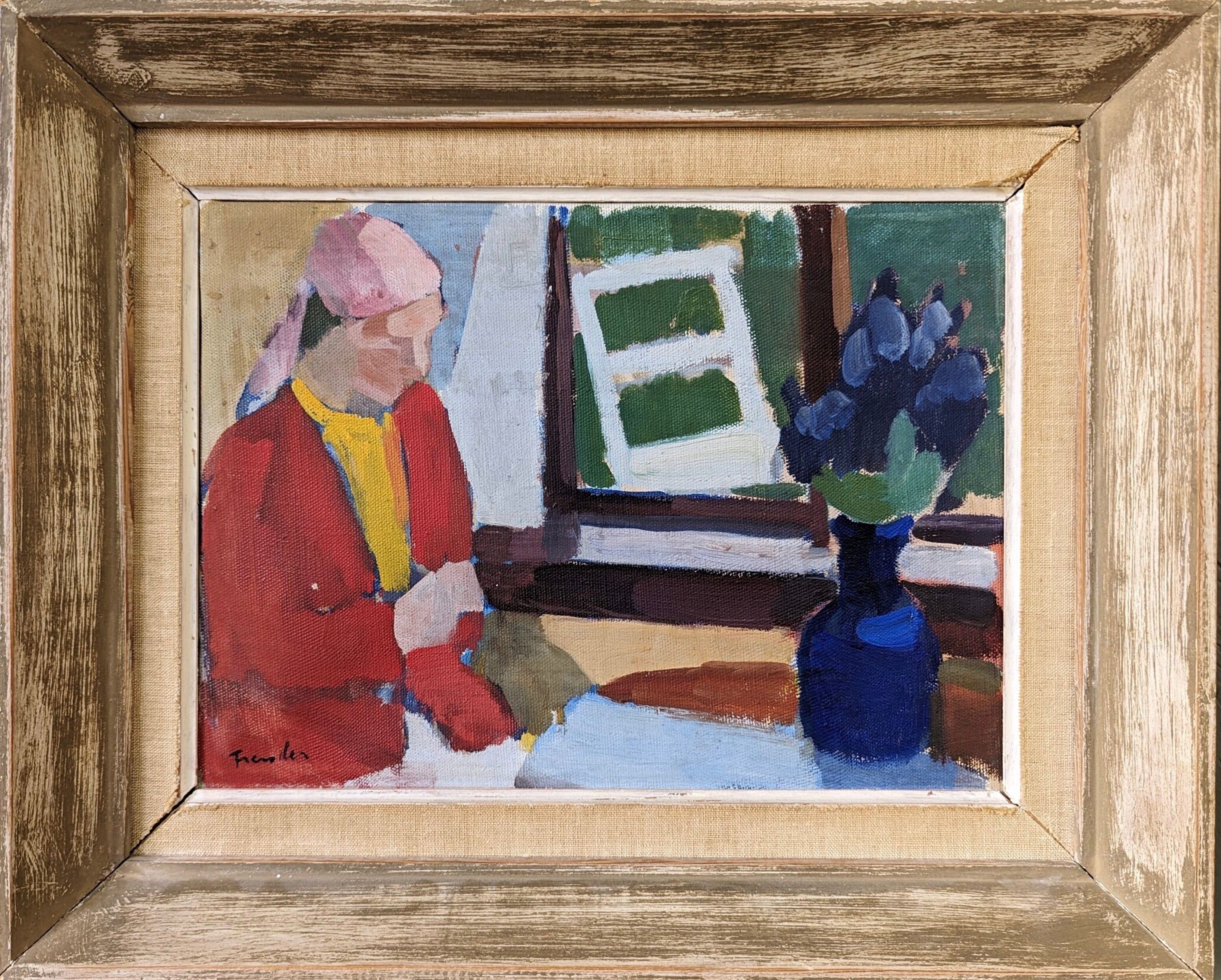 Mid-Century Modern "Window Seat", Swedish Figurative Interior Oil Painting, Framed