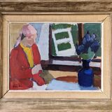 « Window Seat » moderne du milieu du siècle, peinture à l’huile intérieure figurative suédoise, encadrée