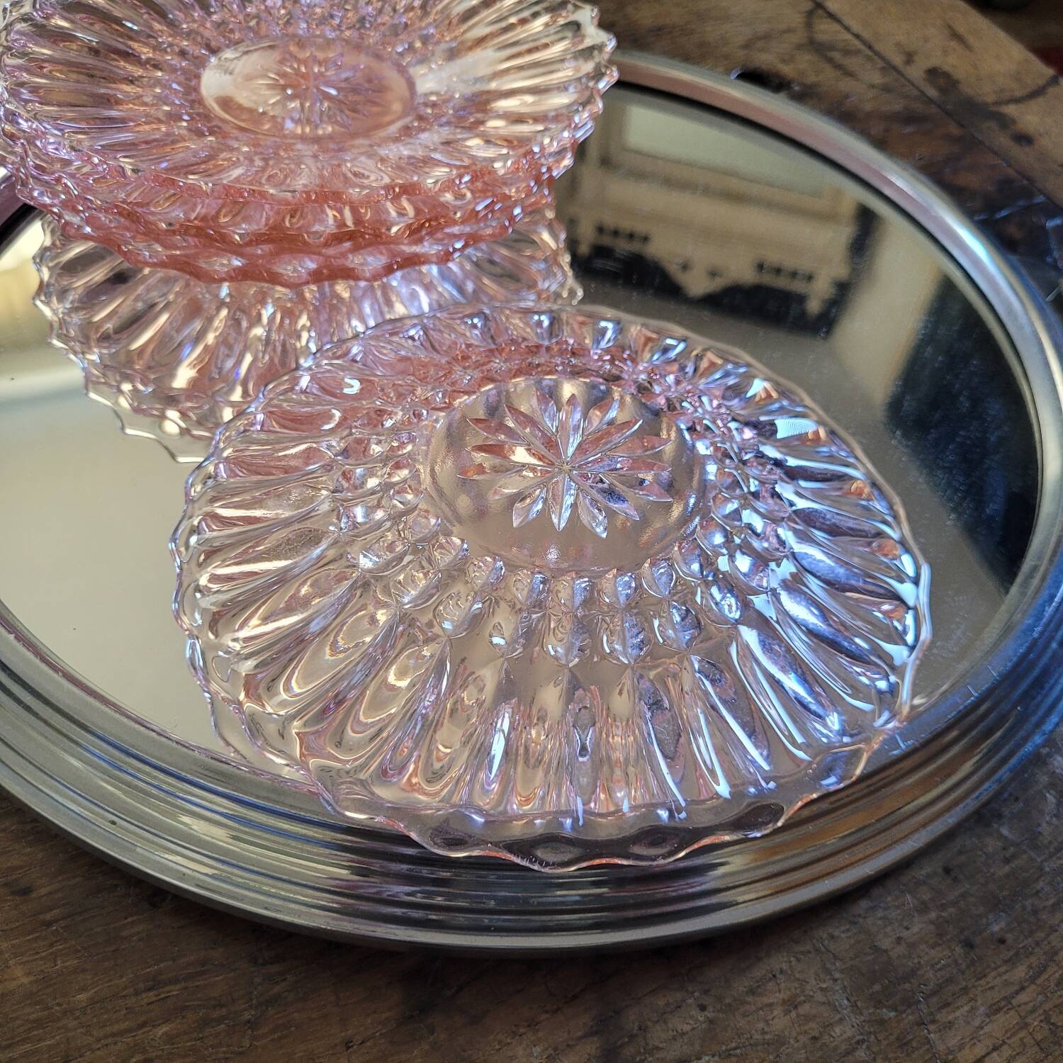 Art Deco Pressed Glass Dessert Plates in Pink — Circa 1930