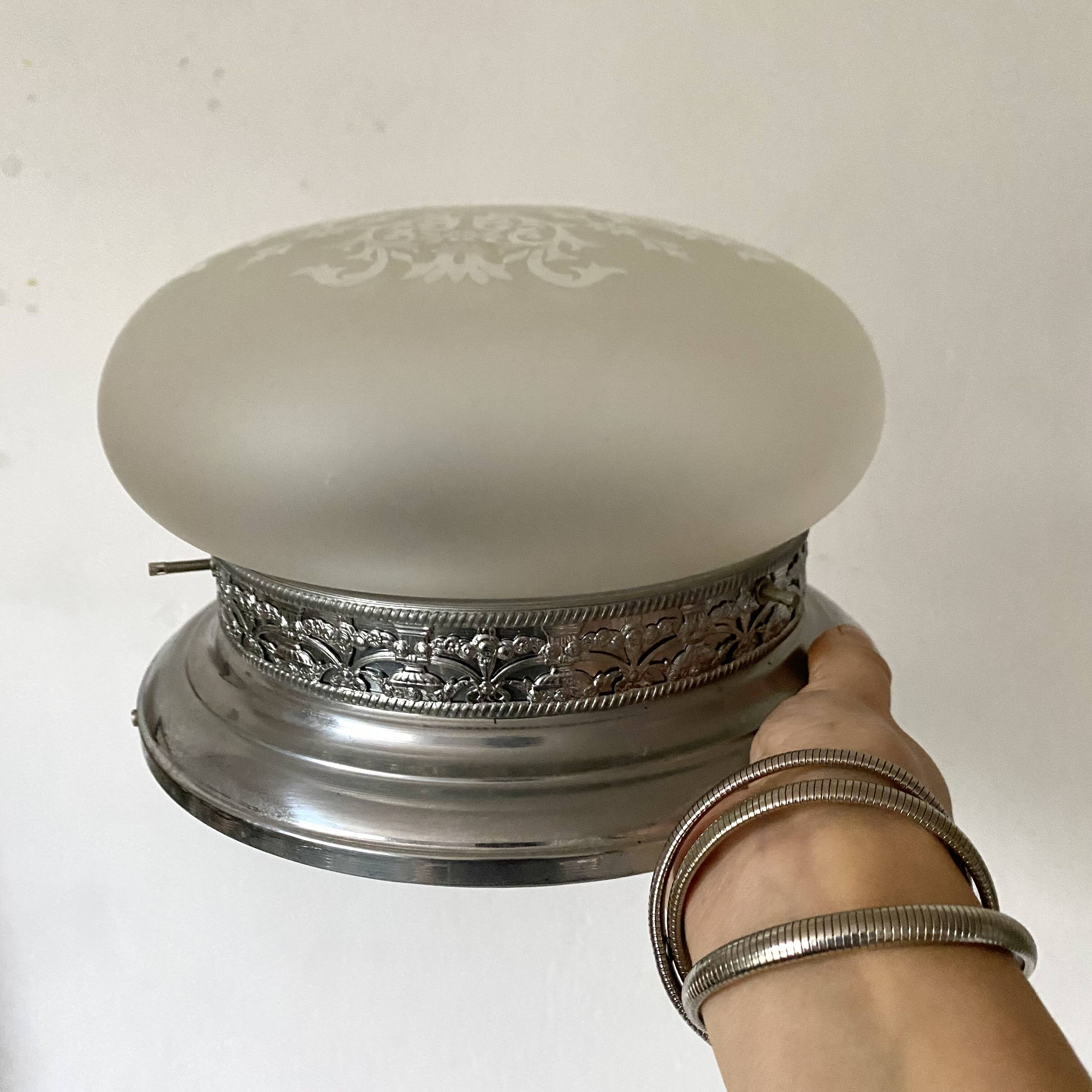 Ceiling light in glass and silver metal, flowery decor