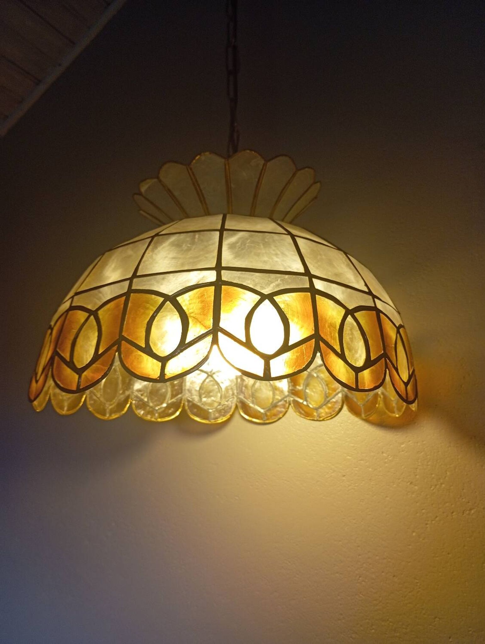 Vintage 1960s/70s mother-of-pearl pendant lampshade with collar