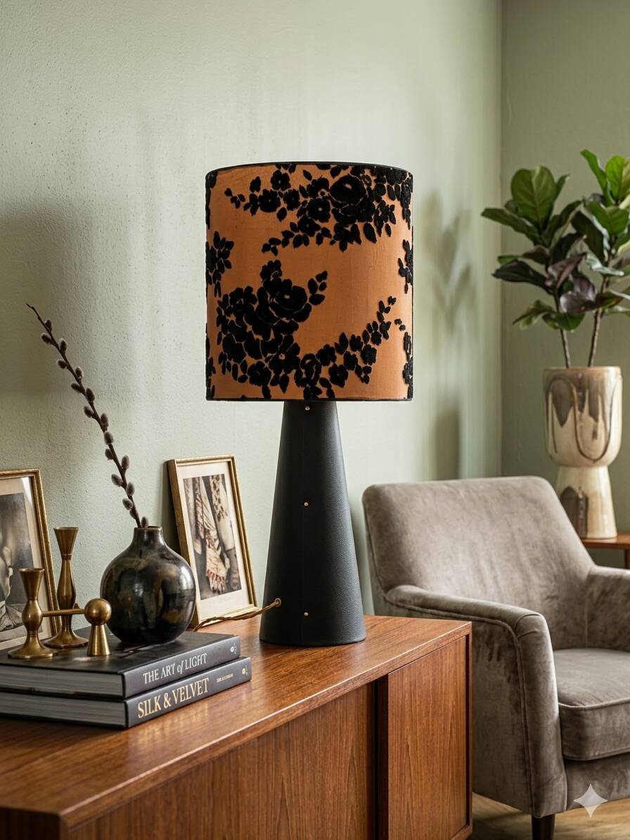 Grande lampe à poser - Abat-jour Soie & Velours Ancien - Pied Gainé Sk