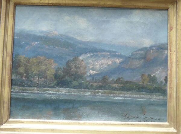 Tableau de J.Girard-Condamin, école lyonnaise, ''Les berges du Rhône et les montagnes du Bugey