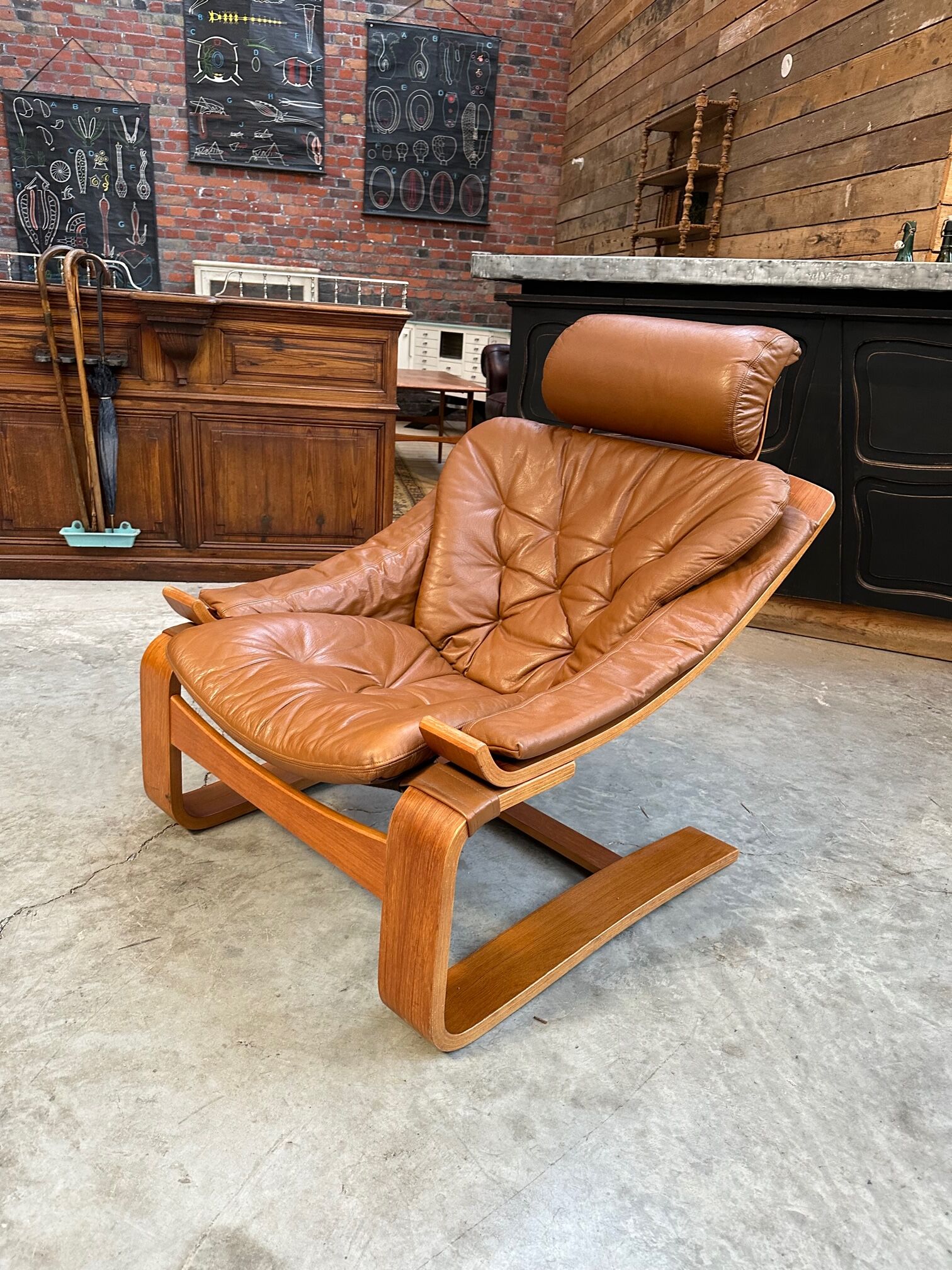 Kroken armchair and footrest in leather and bentwood by Ake Fribytter for Nelo Mobel, Sweden