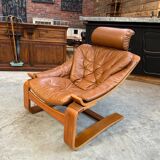 Kroken armchair and footrest in leather and bentwood by Ake Fribytter for Nelo Mobel, Sweden