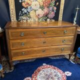 Grande commode Louis XVI 3 tiroirs décor marqueté scène Antique fin XVIIIe
