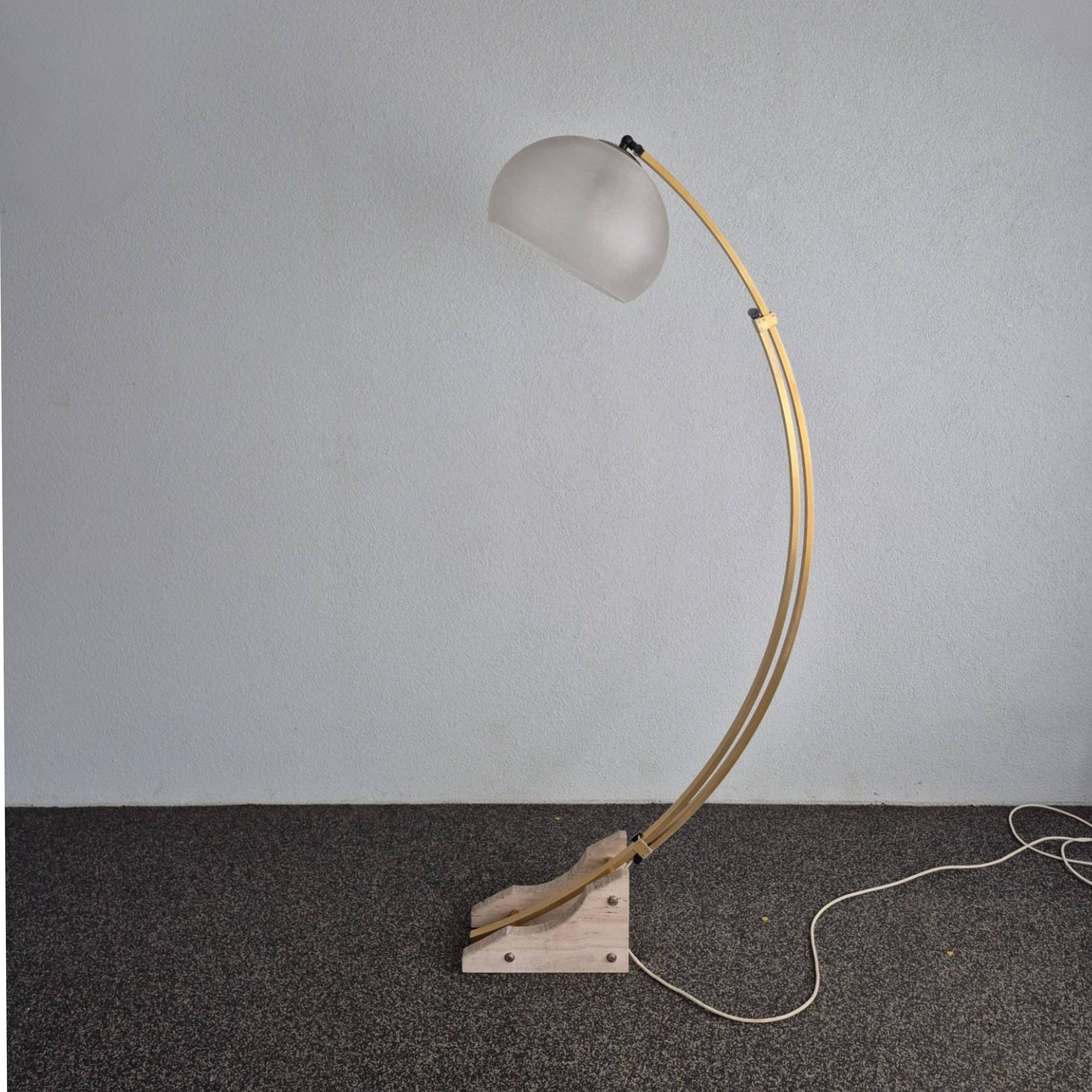 Space age Guzzini arc lamp with travertine base, Italy 1960s
