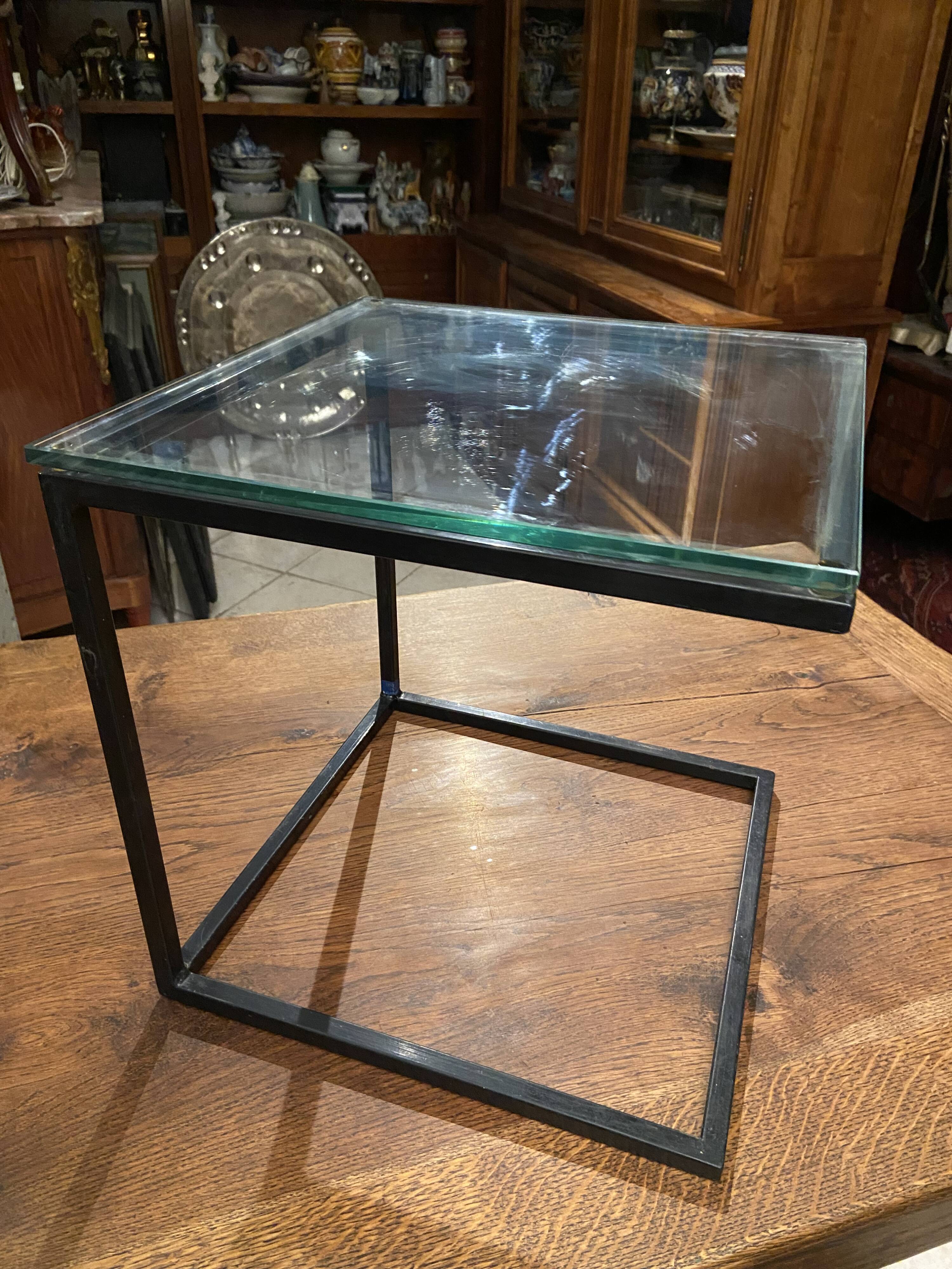 Coffee table end of sofa harness design 1970 metal and glass marked pierre chevalier