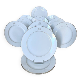 Set of 12 Limoges Porcelain Monogram Dinner Plates - White Dinnerware Service
