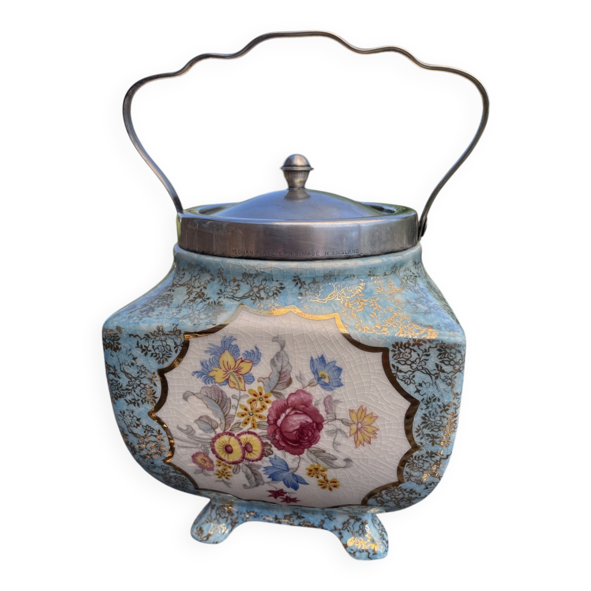 ENGLISH PORCELAIN BISCUIT BARREL ALICE BLUE AT TEA TIME DELICACIES