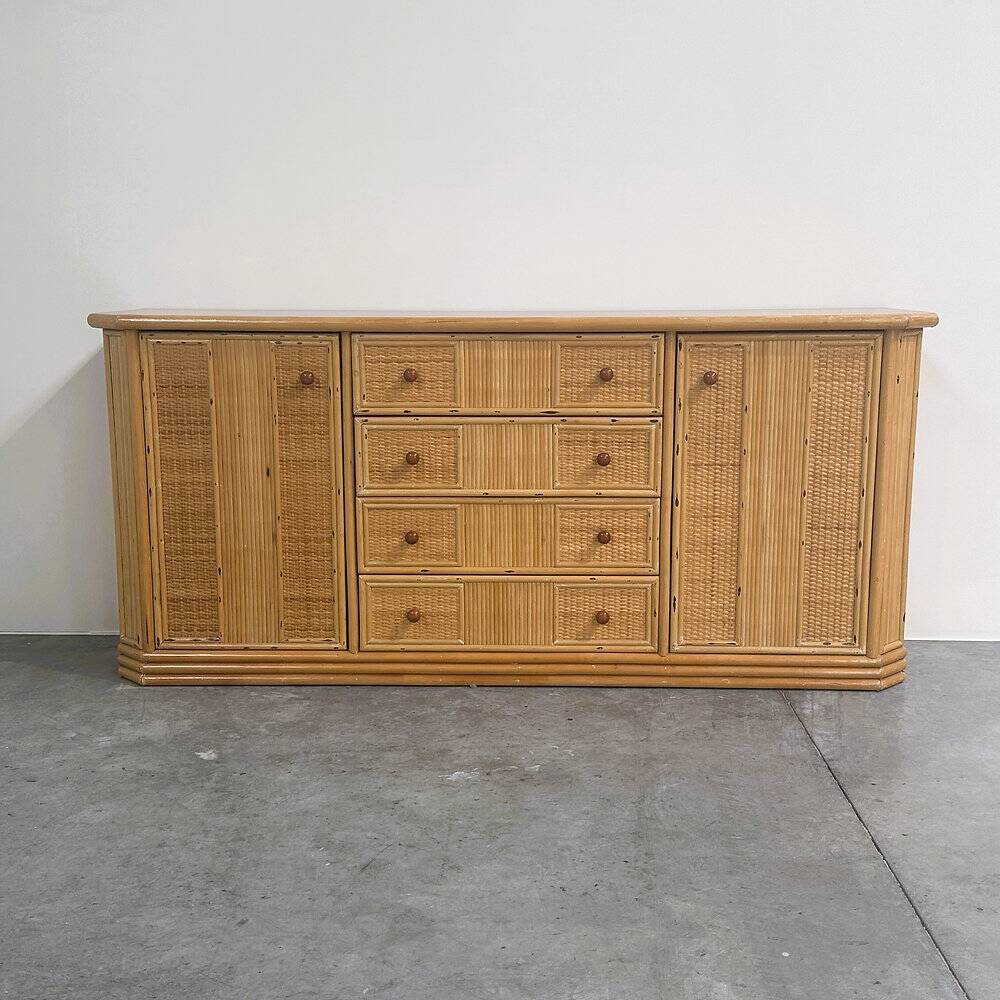 Large coastal rattan and bamboo sideboard credenza, 1980s