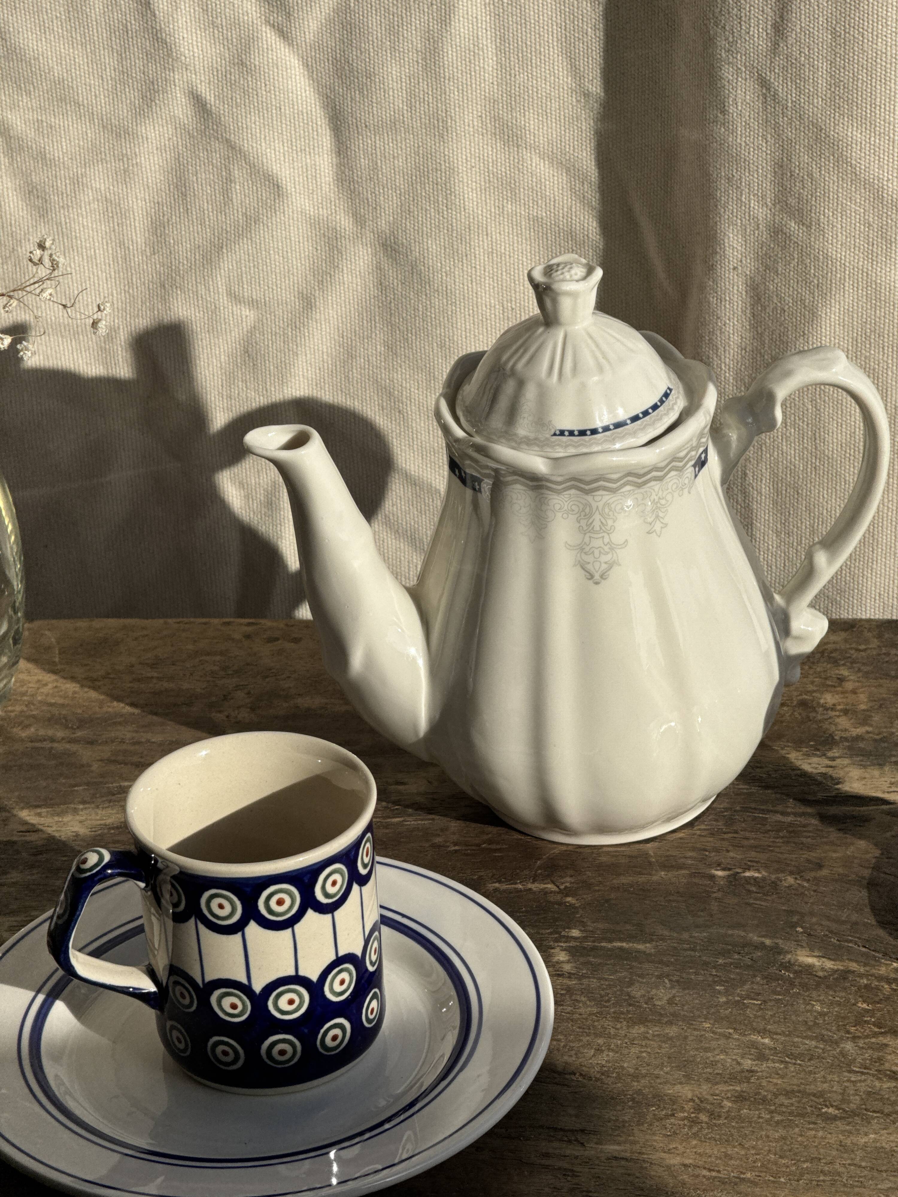White earthenware teapot with blue and silver trim H22.5