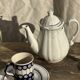White earthenware teapot with blue and silver trim H22.5