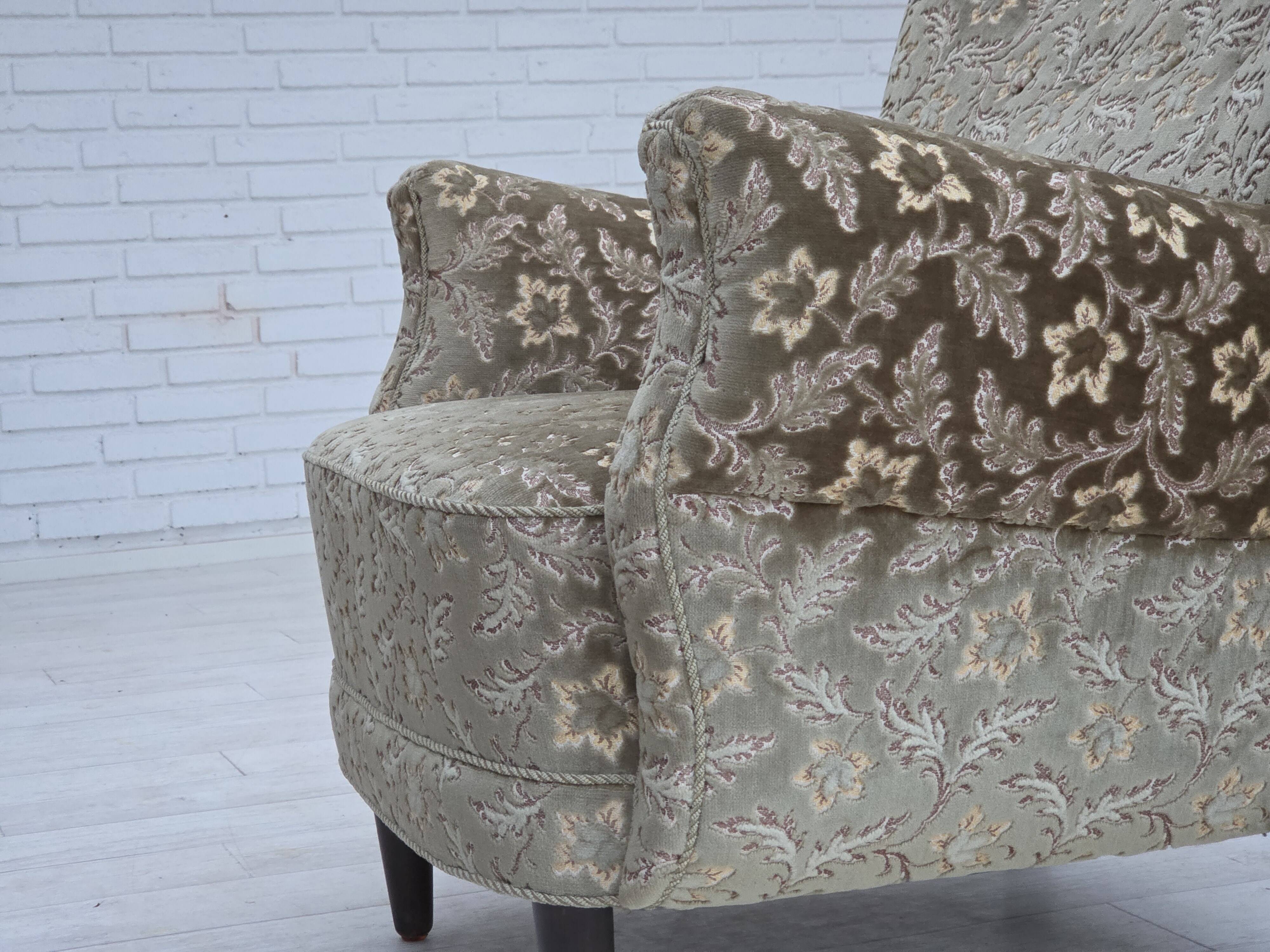 1960s, Danish armchair, light green furniture velour, teak wood legs.