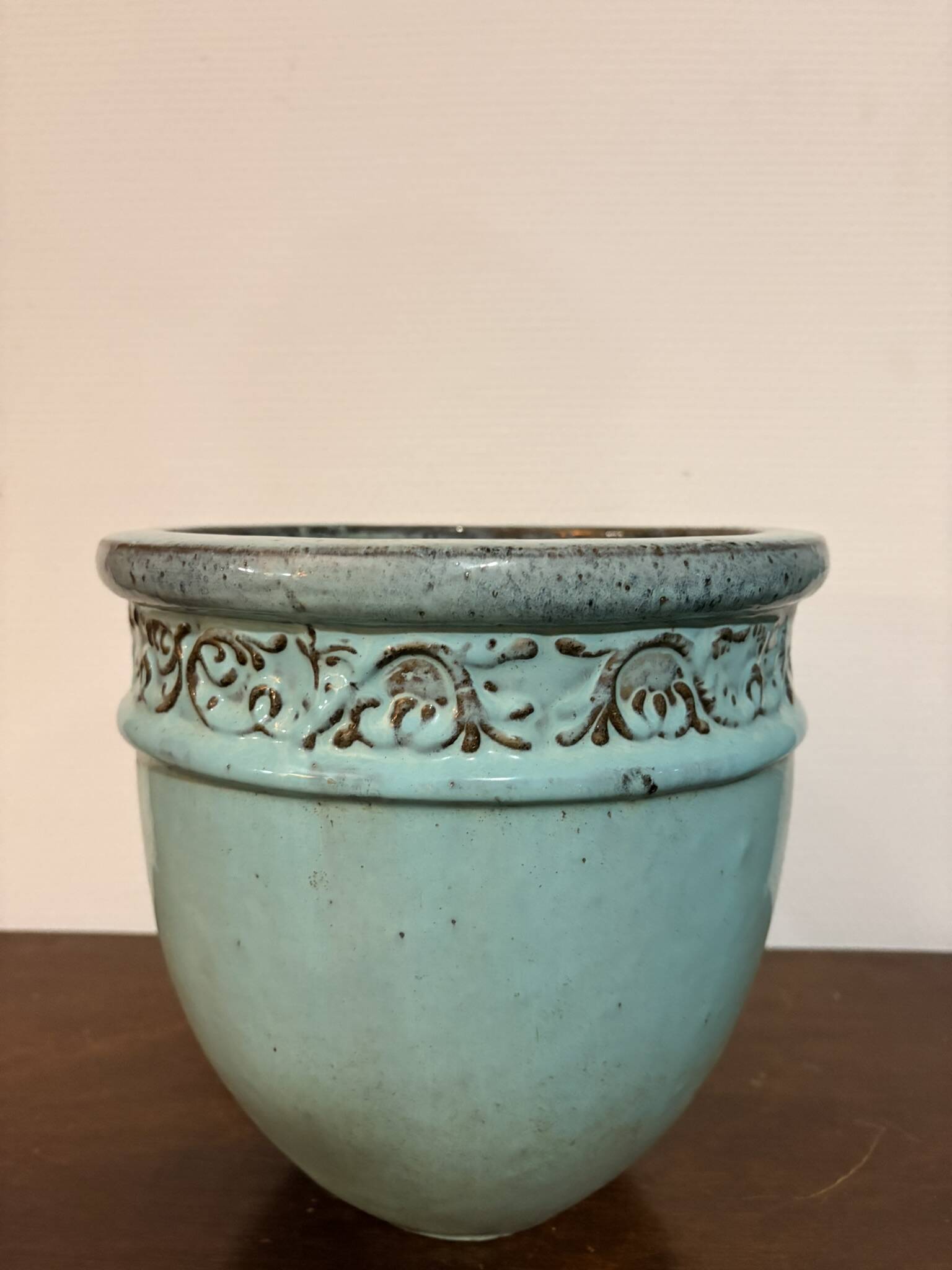 Old Flower Pot Ceramic Terracotta Glazed Varnished Blue Planter