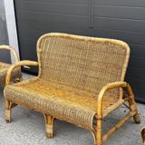 Vintage rattan garden furniture – complete set with sofa and armchairs.