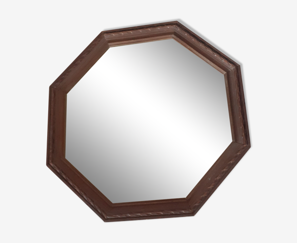 Miroir ancien hexagonal en bois.